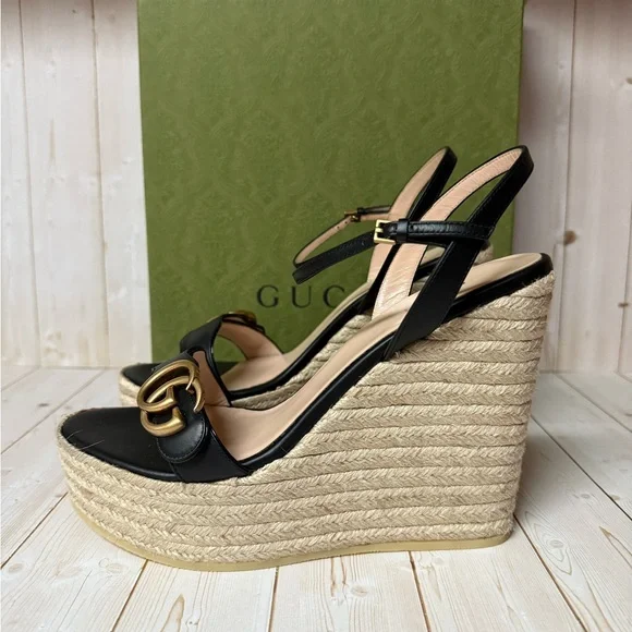 Gucci Nappa Matelasse GG Marmont Platform Espadrille Wedges Black Sz 41.5 / 11.5 - Picture 4 of 11